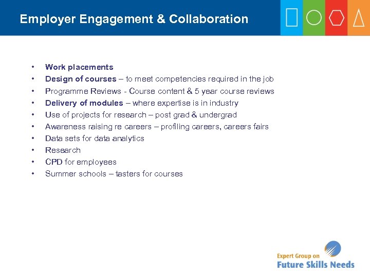 Employer Engagement & Collaboration • • • Work placements Design of courses – to