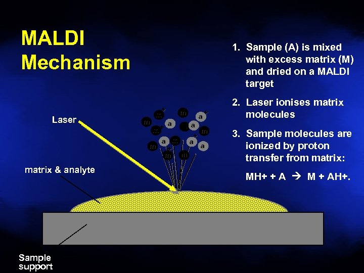 MALDI Mechanism Laser matrix & analyte Sample support 1. Sample (A) is mixed with