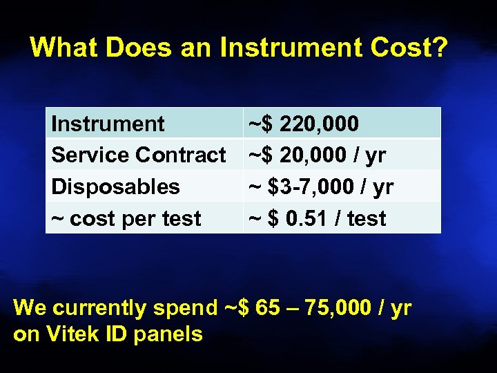What Does an Instrument Cost? Instrument Service Contract Disposables ~ cost per test ~$