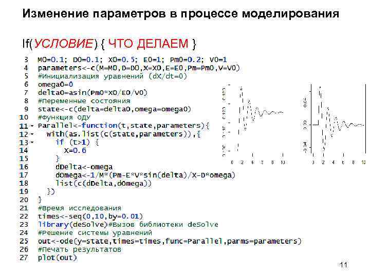 Изменение параметров в процессе моделирования If(УСЛОВИЕ) { ЧТО ДЕЛАЕМ } 11 