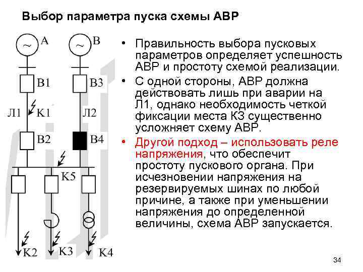Выбор параметра пуска схемы АВР • Правильность выбора пусковых параметров определяет успешность АВР и
