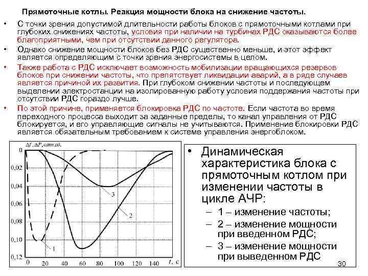  • • Прямоточные котлы. Реакция мощности блока на снижение частоты. С точки зрения