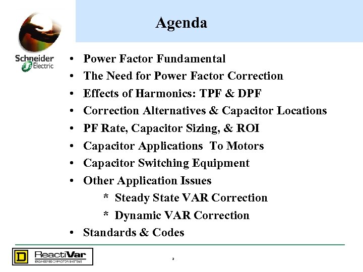 Agenda • • Power Factor Fundamental The Need for Power Factor Correction Effects of