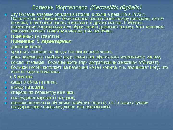 Болезнь Мортелларо (Dermatitis digitalis) n n n n Эту болезнь впервые описали в Италии