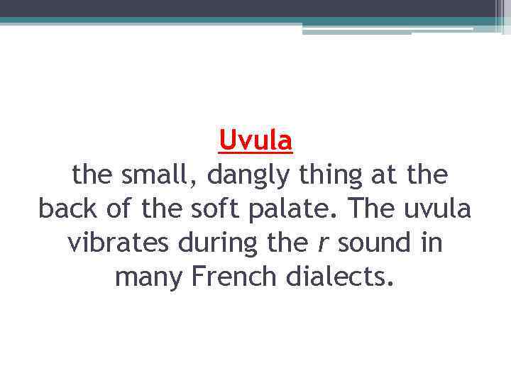 Uvula the small, dangly thing at the back of the soft palate. The uvula