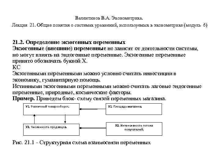 Валентинов В. А. Эконометрика. Лекция 21. Общие понятия о системах уравнений, используемых в эконометрике
