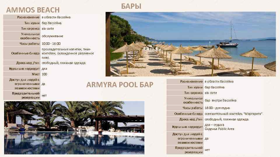  БАРЫ AMMOS BEACH Расположение в области бассейна Тип кухни бар бассейна Тип сервиса