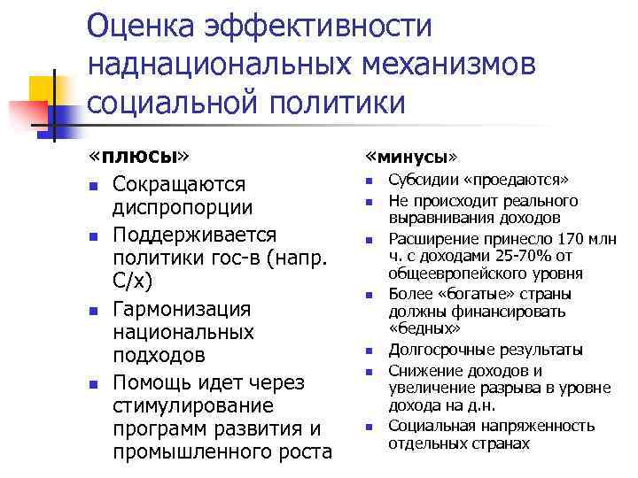 Оценка эффективности наднациональных механизмов социальной политики «плюсы» n Сокращаются диспропорции n Поддерживается политики гос-в