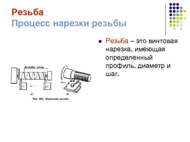 Резьба Процесс нарезки резьбы l Резьба – это винтовая нарезка, имеющая определенный профиль, диаметр