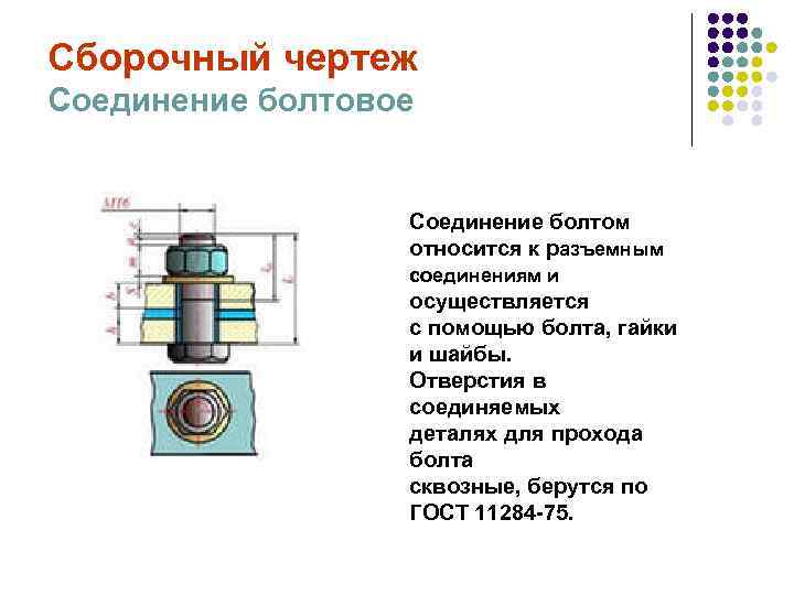 Сборочный чертеж Соединение болтовое Соединение болтом относится к разъемным соединениям и осуществляется с помощью