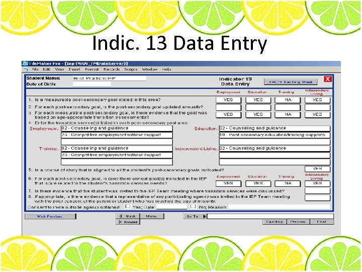 Indic. 13 Data Entry 