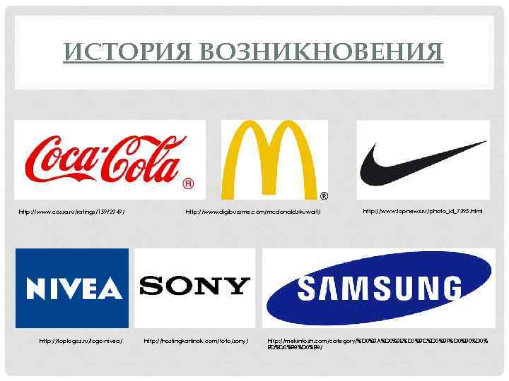 ИСТОРИЯ ВОЗНИКНОВЕНИЯ http: //www. cossa. ru/ratings/159/2949/ http: //toplogos. ru/logo-nivea/ http: //www. digibuzzme. com/mcdonalds-kuwait/ http: