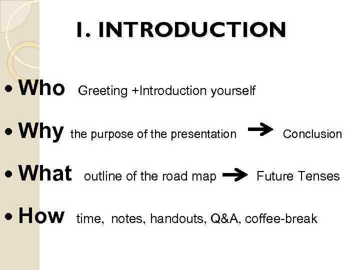 1. INTRODUCTION Who Why Greeting +Introduction yourself the purpose of the presentation What How