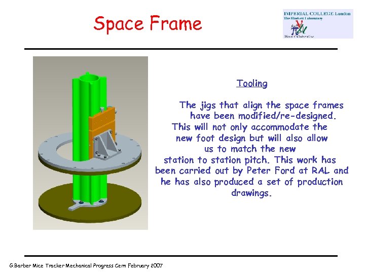 Space Frame Tooling The jigs that align the space frames have been modified/re-designed. This