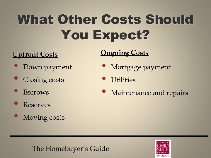 What Other Costs Should You Expect? Upfront Costs Ongoing Costs • • Down payment