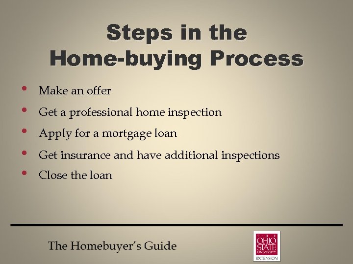 Steps in the Home-buying Process • • • Make an offer Get a professional