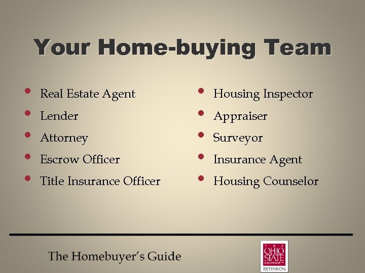 Your Home-buying Team • • • Real Estate Agent Lender Attorney Escrow Officer Title