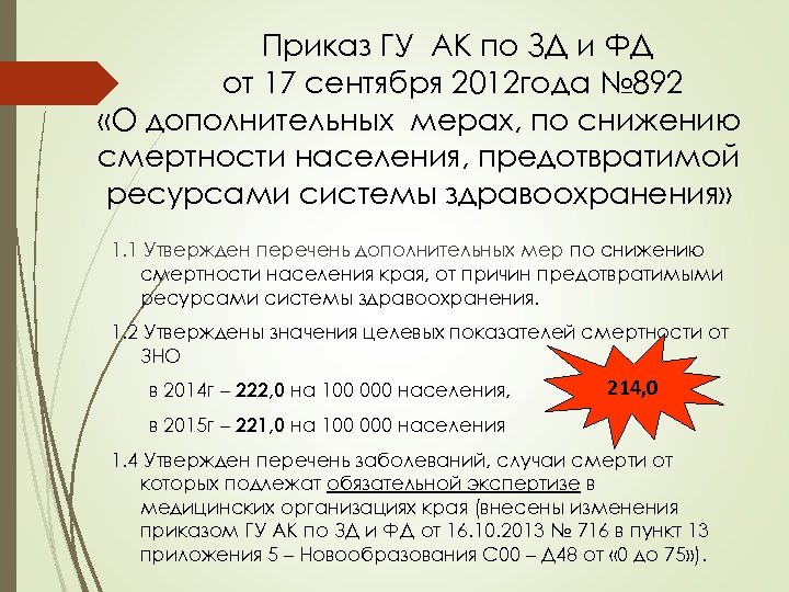 Приказ ГУ АК по ЗД и ФД от 17 сентября 2012 года № 892