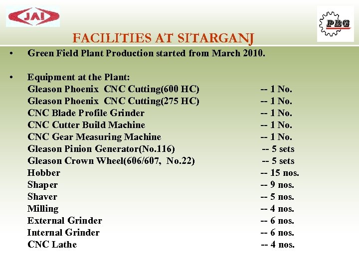 FACILITIES AT SITARGANJ • Green Field Plant Production started from March 2010. • Equipment