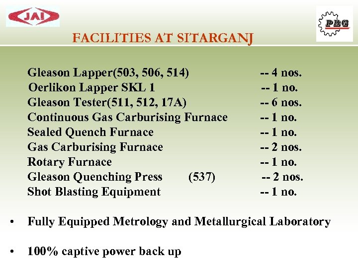 FACILITIES AT SITARGANJ Gleason Lapper(503, 506, 514) -- 4 nos. Oerlikon Lapper SKL 1