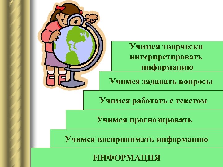 Учимся творчески интерпретировать информацию Учимся задавать вопросы Учимся работать с текстом Учимся прогнозировать Учимся