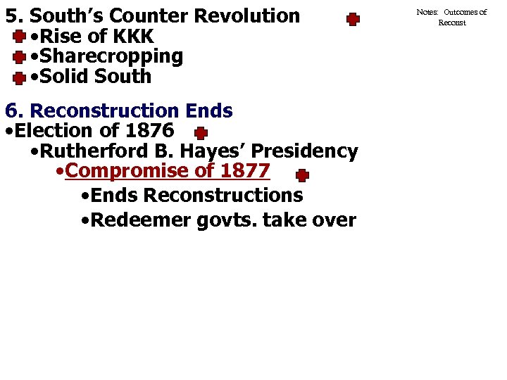 5. South’s Counter Revolution • Rise of KKK • Sharecropping • Solid South 6.