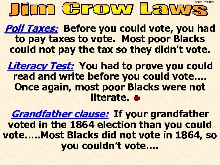 social reality Poll Taxes: Before you could vote, you had to pay taxes to