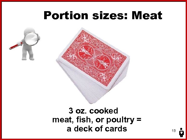 Portion sizes: Meat 3 oz. cooked meat, fish, or poultry = a deck of