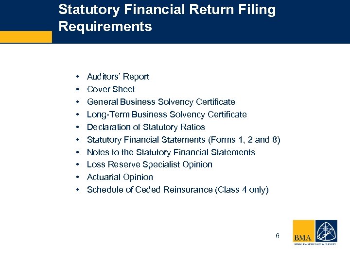 Statutory Financial Return Filing Requirements • • • Auditors’ Report Cover Sheet General Business