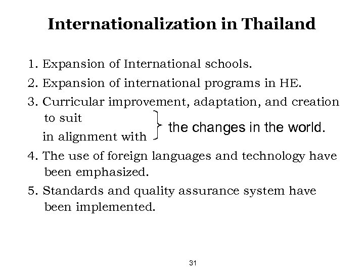 Internationalization in Thailand 1. Expansion of International schools. 2. Expansion of international programs in