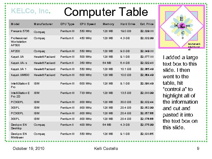 KELCo, Inc. Computer Table CPU Type CPU Speed Memory Hard Drive Est. Price Presario