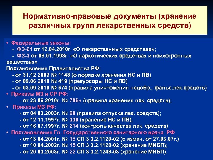 Нормативно-правовые документы (хранение различных групп лекарственных средств) • Федеральные законы: - ФЗ-61 от 12.