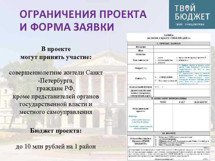 ОГРАНИЧЕНИЯ ПРОЕКТА И ФОРМА ЗАЯВКИ В проекте могут принять участие: совершеннолетние жители Санкт -Петербурга,