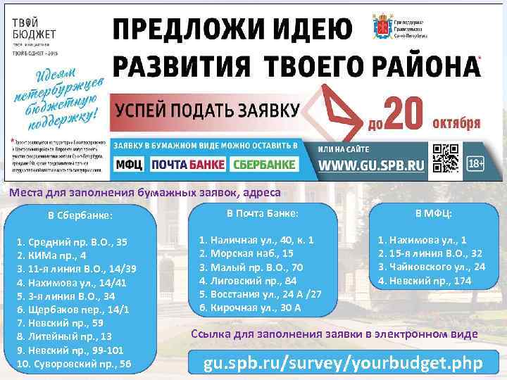 Места для заполнения бумажных заявок, адреса В Сбербанке: 1. Средний пр. В. О. ,