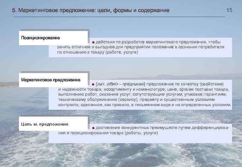 5. Маркетинговое предложение: цели, формы и содержание 15 Позиционирование ■ действия по разработке маркетингового