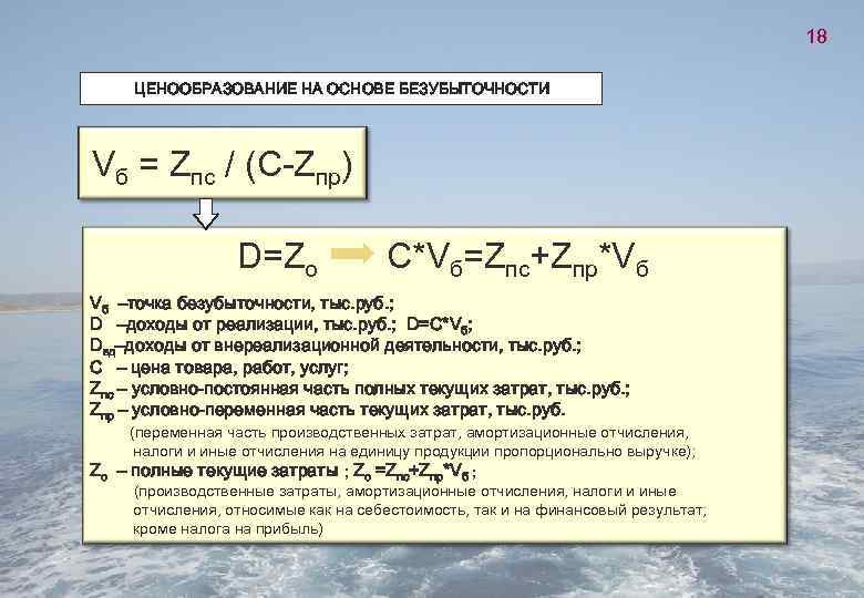 18 ЦЕНООБРАЗОВАНИЕ НА ОСНОВЕ БЕЗУБЫТОЧНОСТИ Vб = Zпс / (С-Zпр) D=Zо C*Vб=Zпс+Zпр*Vб Vб –точка