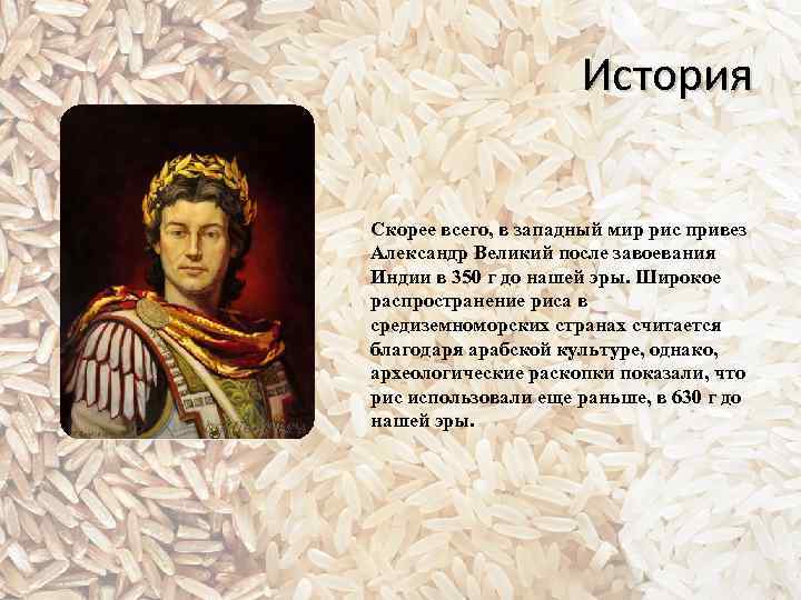 История Скорее всего, в западный мир рис привез Александр Великий после завоевания Индии в