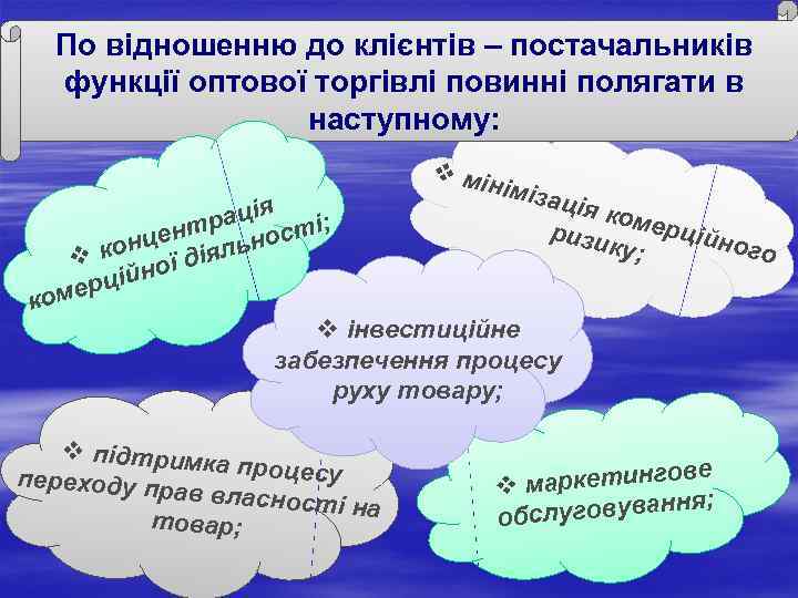 По відношенню до клієнтів – постачальників функції оптової торгівлі повинні полягати в наступному: я