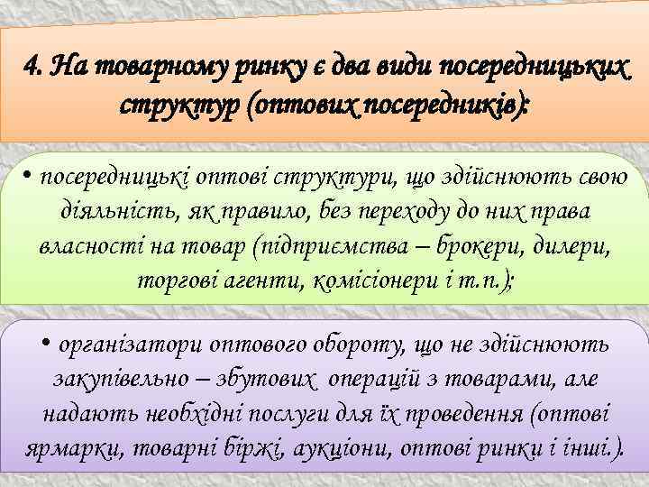 4. На товарному ринку є два види посередницьких структур (оптових посередників): • посередницькі оптові