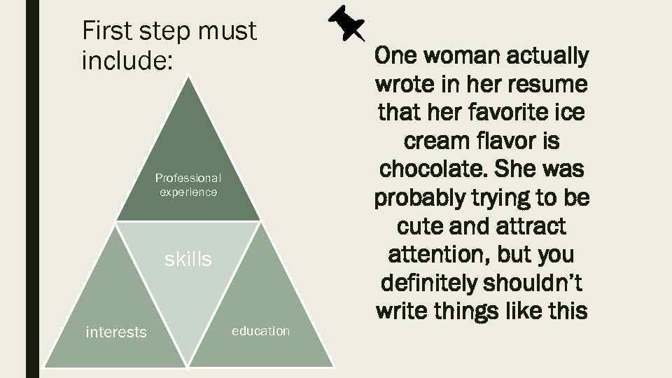 First step must include: Professional experience skills interests education One woman actually wrote in