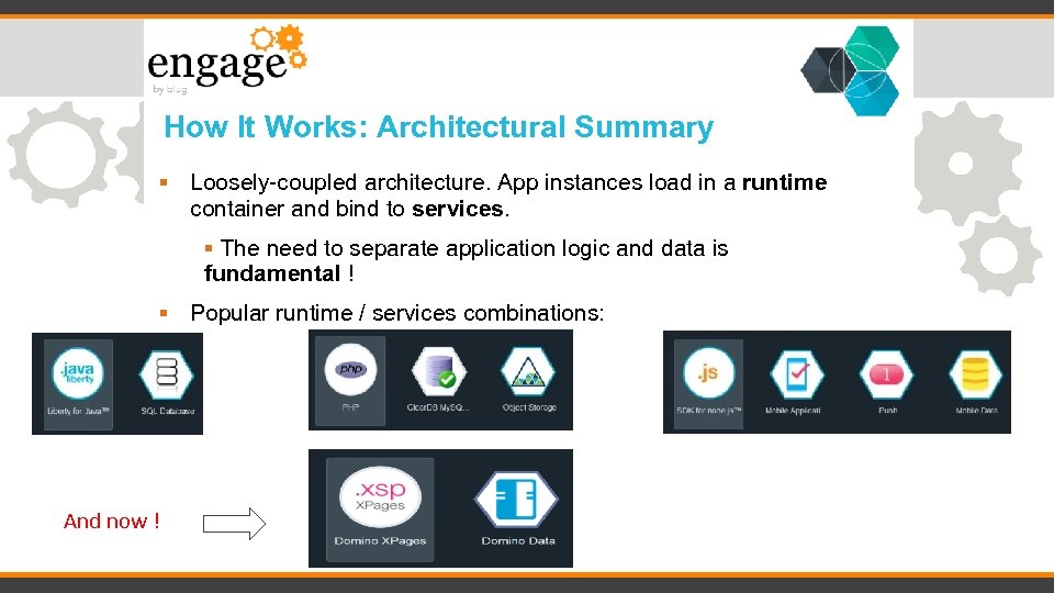 How It Works: Architectural Summary Loosely-coupled architecture. App instances load in a runtime container