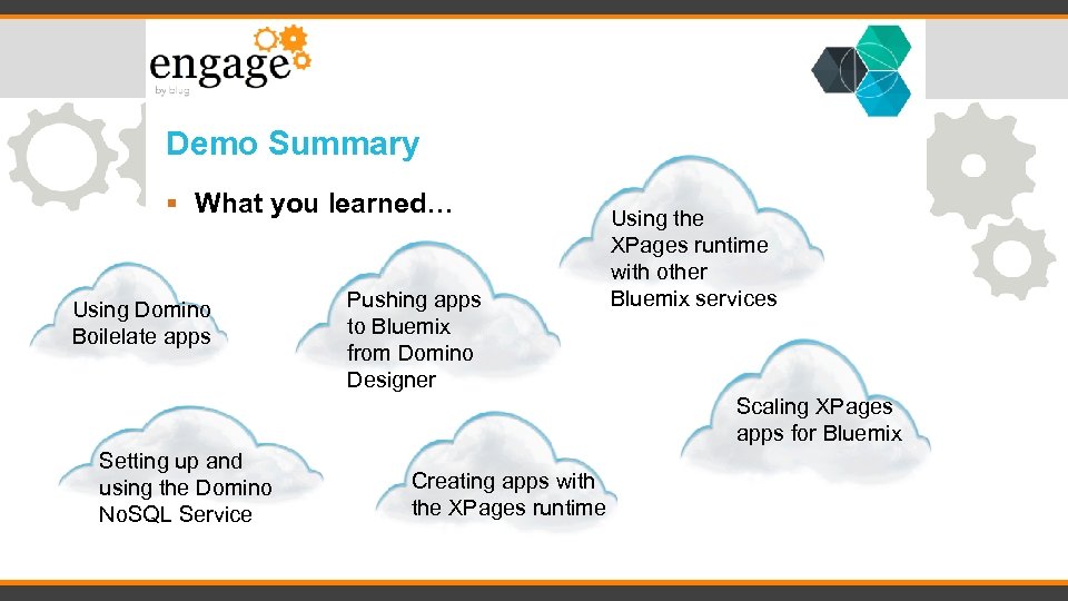 Demo Summary What you learned… Using Domino Boilelate apps Pushing apps to Bluemix from