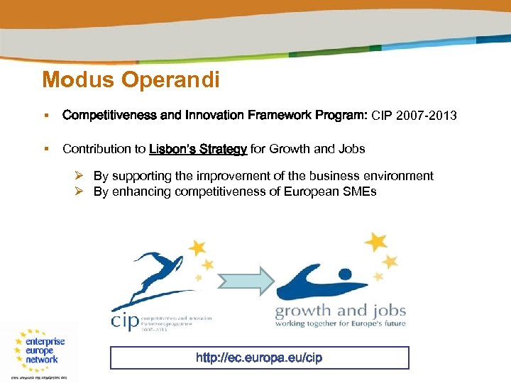 Modus Operandi § Competitiveness and Innovation Framework Program: CIP 2007 -2013 § Contribution to