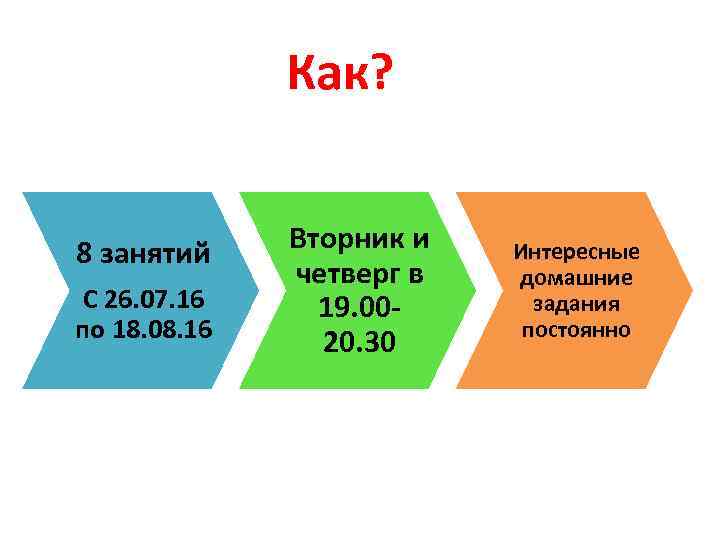 Как? 8 занятий С 26. 07. 16 по 18. 08. 16 Вторник и четверг