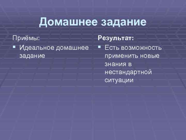 Домашнее задание Приёмы: § Идеальное домашнее задание Результат: § Есть возможность применить новые знания