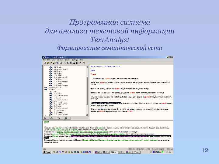 Программная система для анализа текстовой информации Text. Analyst Формирование семантической сети 12 