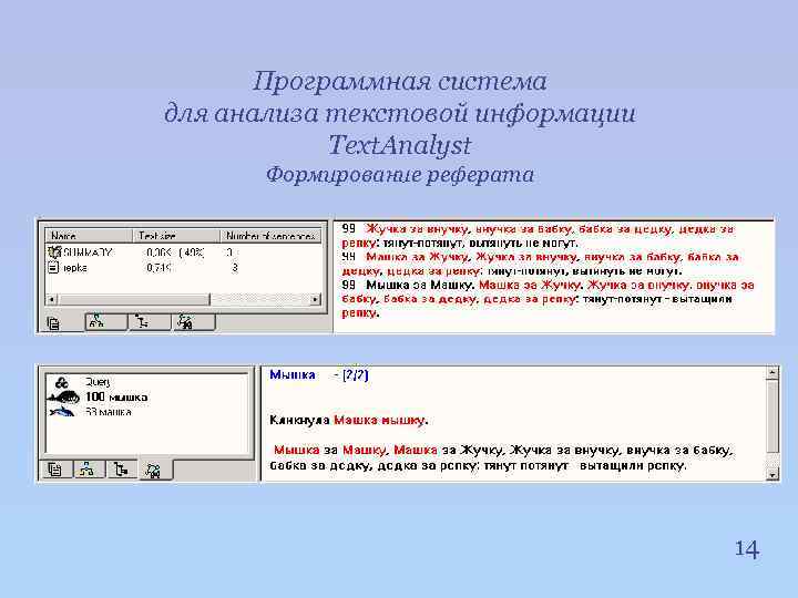 Программная система для анализа текстовой информации Text. Analyst Формирование реферата 14 