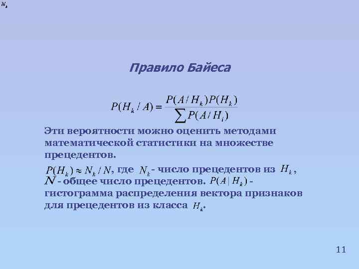 Правило Байеса Эти вероятности можно оценить методами математической статистики на множестве прецедентов. , где