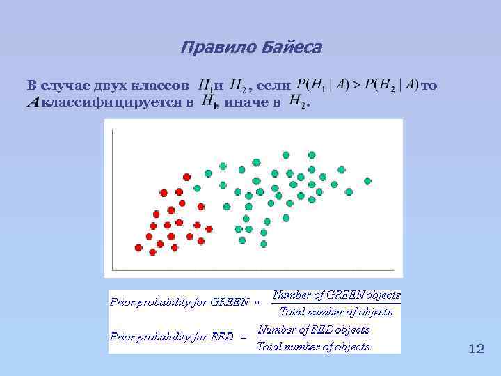 Правило Байеса В случае двух классов классифицируется в и , если , иначе в