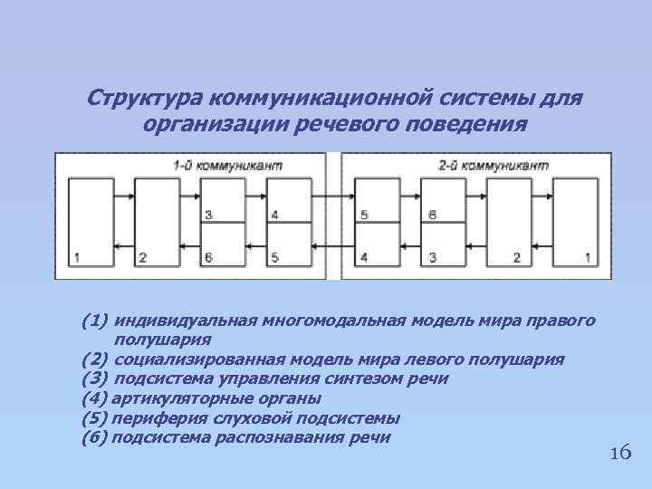 Структура коммуникационной системы для организации речевого поведения (1) индивидуальная многомодальная модель мира правого полушария